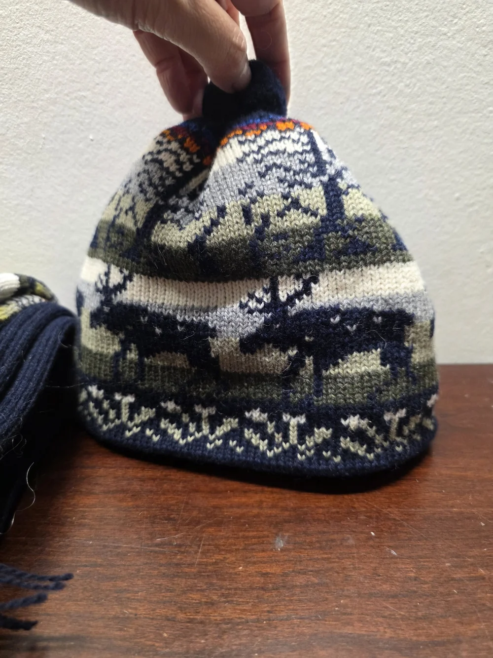 Navy & Cream Kids Knit Hat with Pom and Matching Scarf 100% Wool
